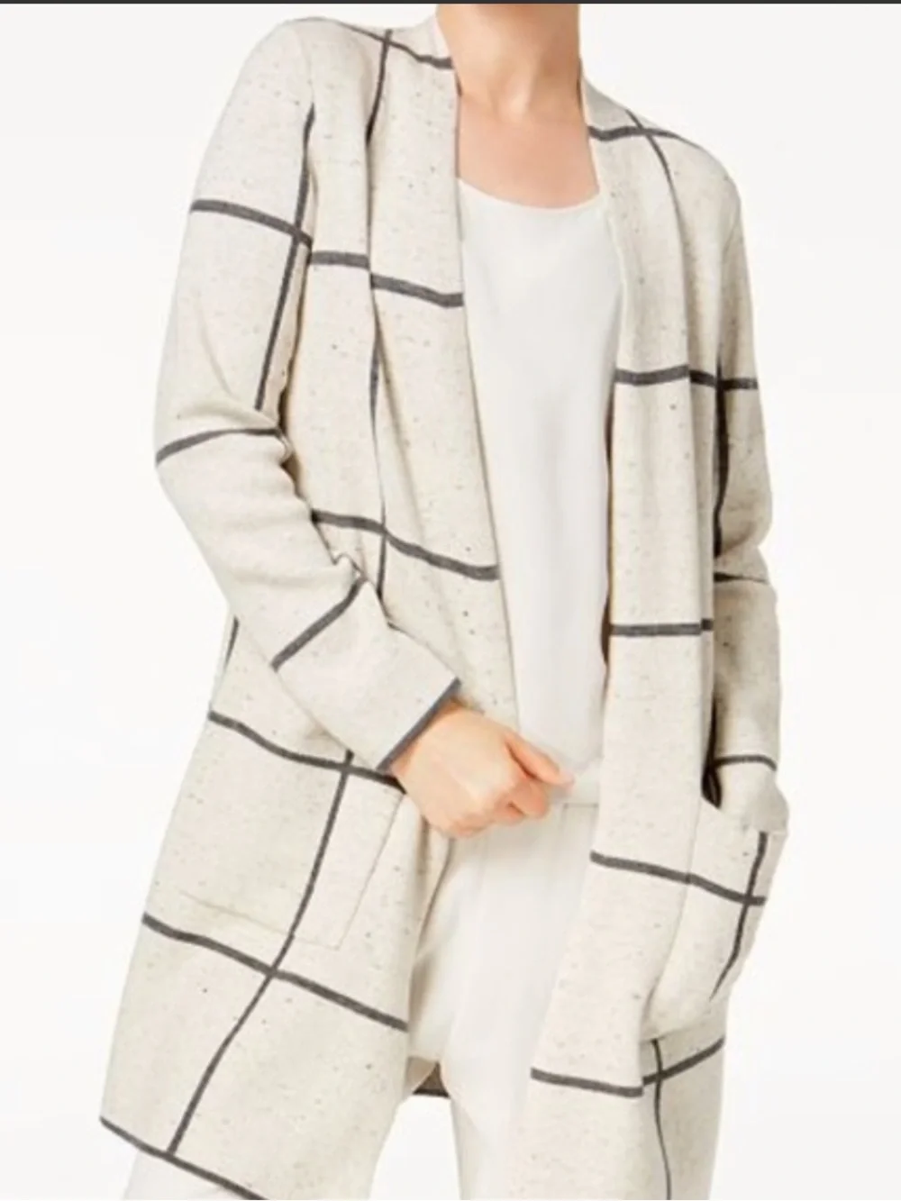 Eileen Fisher Peppered Windowpane Wool Organic Cotton Open Front Cardigan Large - Picture 2 of 8